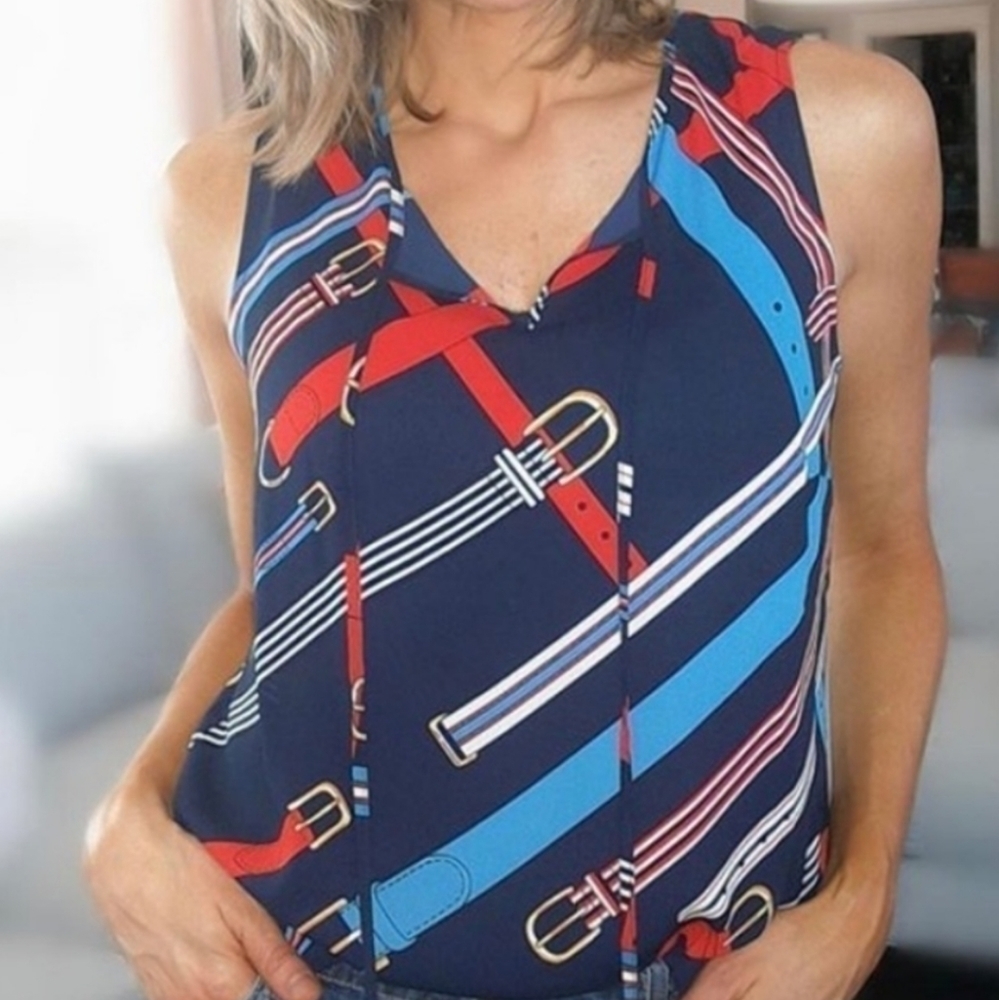 CAbi $82 Medium 5736 Hold Up Top Keyhole Tie Front Navy Winding Belts Tank Faye
